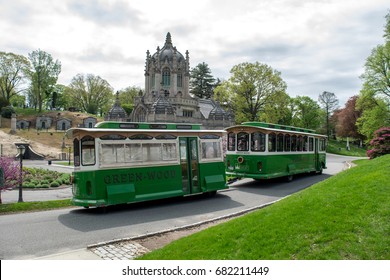 Green Tourist Bus And Historical Chapel At Green-Wood Cemetery, Brooklyn, New York, Spring 2017, Warren And Wetmore Architects, One Of The Most Beautiful Places In New York, National Historic Landmark