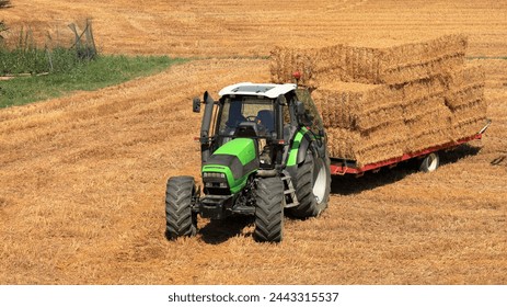 Green tractor with trailer carrying hay bales from a freshly harvested field on a sunny day
 - Powered by Shutterstock