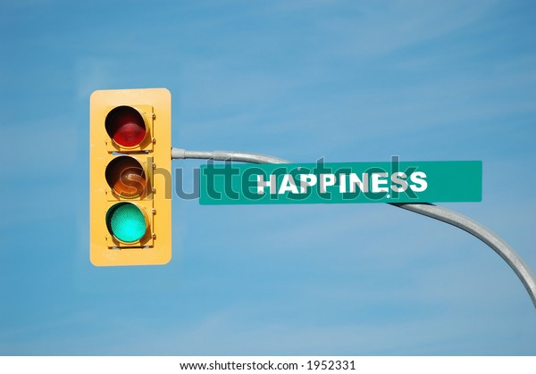 Green traffic light with the word happiness written\
on the sign.