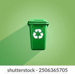 Green Trash bin with recycling Symbol  isolated on green background, earth day concept, recycle