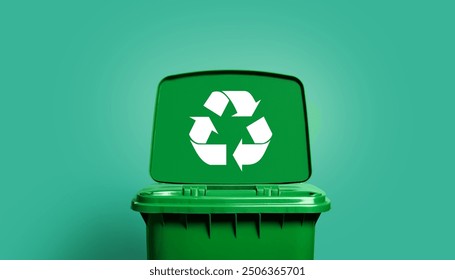 Green Trash bin with recycling Symbol  isolated on green background, earth day concept, recycle