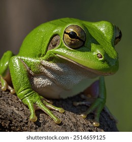 The Green Tree Frog (Hyla cinerea) is a small, vibrant amphibian native to the southeastern United States. It has a bright green body, often with a white or yellowish underside. Its smooth, slightly s - Powered by Shutterstock