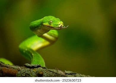 Green Tree Python Coiled on Branch. A snake with its tongue out ready to attack - Powered by Shutterstock