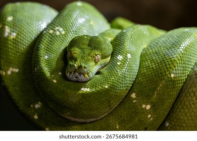 The Green tree python (Morelia viridis), snake in the family Pythonidae, native to Papua New Guinea.
