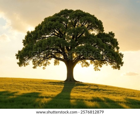 Green Tree at Sunset with Green Scenic Nature Landscape