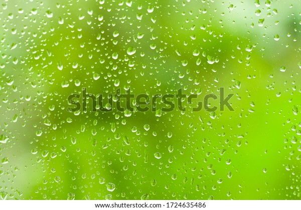 green trees\
behind glass window with rainy droplets. water drops on dripped\
background pane in a rainy days.  natural green forest wallpaper.\
stormy weather. rainy\
season.