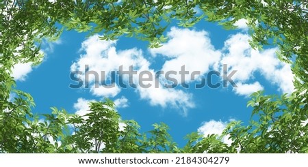 Green trees and cloudy panoramic blue sky. 3d ceiling decoration image. bottom up view sky and trees