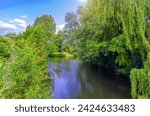 Green trees over water canal of River Somme. Hortillonnages floating gardens jardins flottants waterways in marshy terrain marshland in Amiens, Somme department, Hauts-de-France Region, France