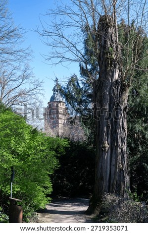 Green trees stand in front of a tower of Johannisburg Castle in Aschaffenburg , Germany, against a blue sky