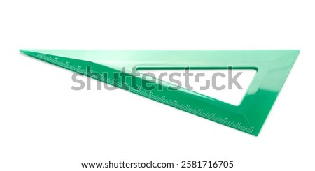 Green triangle ruler plastic classic isolated on white background, side view
