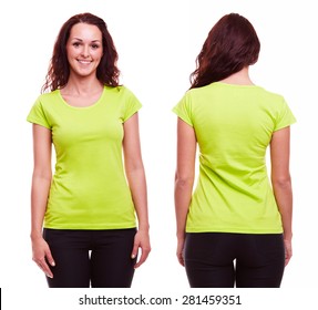 Green Tshirt On A Young Woman Template On White Background