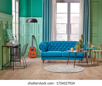 Green Turquoise Wall Background, White Window And Blue Sofa Interior Design.
