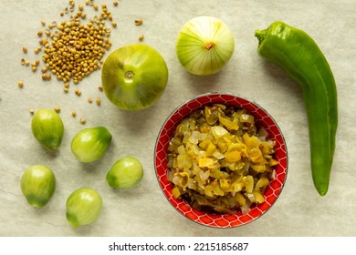 Green (unripe) Tomato Relish With Green Pepper, Onion And Coriander Seeds