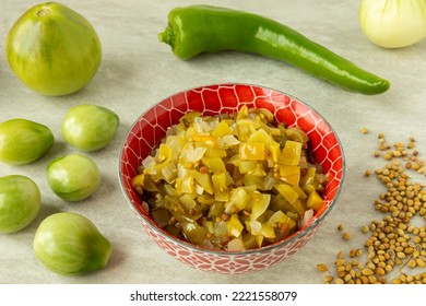 Green (unripe) Tomato Relish With Green Pepper, Onion And Coriander Seeds.