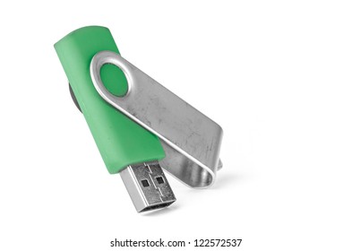 Green Usb Memory Stick Over White Background