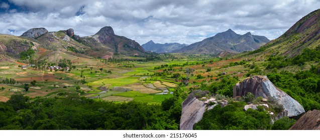 Green Valley With Rice Fields And Villages Among Mountains. Anja Reserve, Madagascar