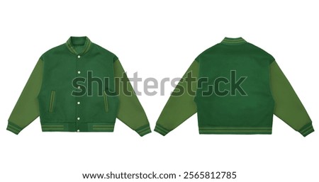 Green varsity jacket shown from front and back perspectives, perfect for fashion and sportsthemed designs and projects. Stylish and versatile.