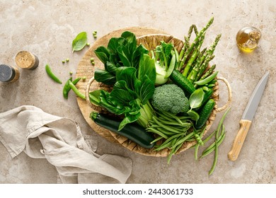 Green vegetable background. Various green vegetables. Veggies. Clean eating, healthy vegetarian, vegan food concept, copy space, top view - Powered by Shutterstock