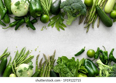 Green vegetables. Fresh green produce. Healthy vegetarian food concept background. Flat lay. Top down view - Powered by Shutterstock