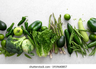 Green Vegetables. Fresh Green Produce. Healthy Vegetarian Food Concept Background. Flat Lay. Top Down View