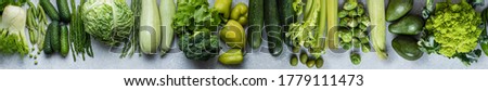 Green vegetables and leafy food background. Healthy eating green concept of fresh organic products. Top view. Grey background. Panoramic backdrop