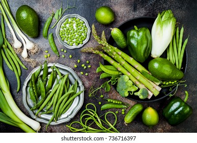 Green Veggies Group. Vegetarian Dinner Ingredients. Green Vegetables Variety. Overhead, Flat Lay, Top View