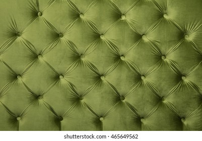 Green Velvet Capitone Textile Background, Retro Chesterfield Style Checkered Soft Tufted Fabric Furniture Diamond Pattern Decoration With Buttons, Close Up