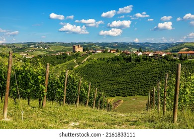 Green vineyards on the hills as small town under blue sky on background in Piedmont, Northern Italy. - Shutterstock ID 2161833111