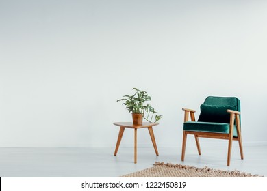 Green Vintage Armchair Next To Small Coffee Table With Green Plant In Pot, Real Photo With Copy Space On The Empty White Wall