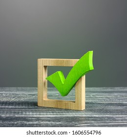 Green voting tick in a box. Checkbox. Democratic elections, referendum. The right to choose, change of power. Necessary quality criteria approval symbol. Checklist for verification and self-discipline - Shutterstock ID 1606554796