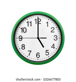 Green Wall Clock Isolated On White Background. Five O'clock.