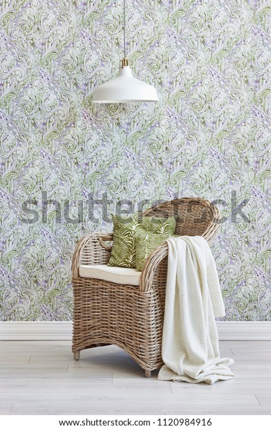 Green Wall Wicker Chair Blanket Wall Stock Photo Edit Now