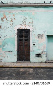 Green Wall With Wooden Door, Street Photography, Mexico, No People