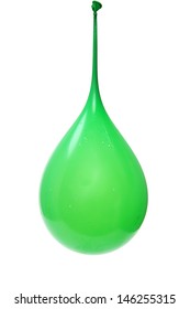 Green Water Filled Balloon Hanging Suspended Over White.