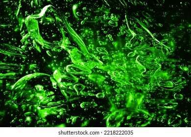 Green Water Gel Pattern Background. Dark Cosmic Design Texture. Abstract Round Bubble Shapes Fizzy Liquid Background. Green Foam Isolated On Black. Abstract Neon Pattern.