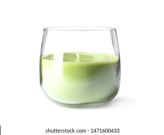 Green Wax Candle In Glass Holder Isolated On White