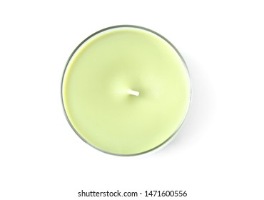 Green Wax Candle In Glass Holder Isolated On White, Top View