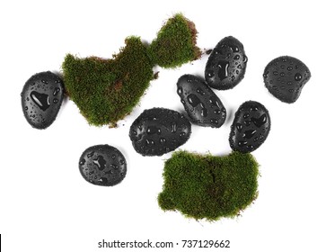 Green Wet Moss With Black Spa Rocks And Drops Of Water Isolated On White Background, Top View