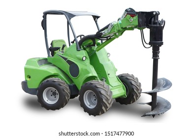 Green wheeled agricultural tractor on white background