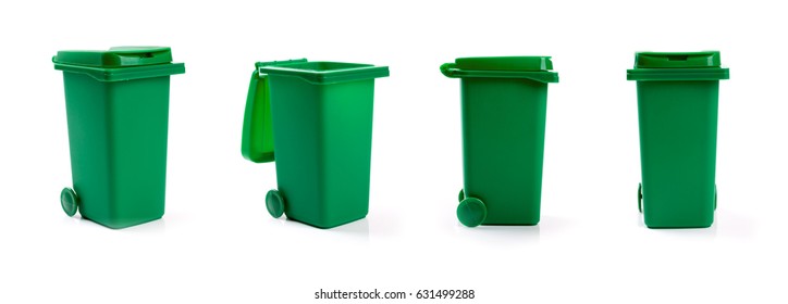 green wheelie waste bin isolated on white background