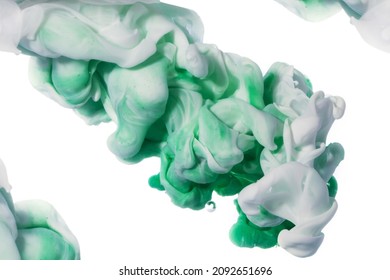 Grün-weißer Hintergrund, Abstraktion, Makrofotografie auf Abstraktion, Tinte auf Wasser