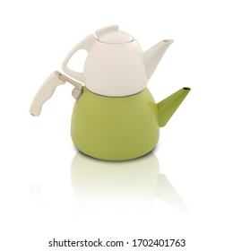 Green & White Tea Pot Set, Isolated & Shadowed On White Background.