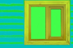 Green Window In A Wooden Emerald Frame In A Wooden Wall Of Brown Logs Timbers                               