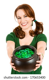 Green: Woman Holding Pot of Green Coins and Beads