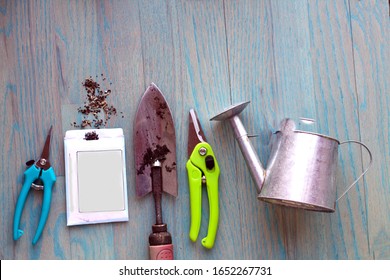 Green Wooden Background. Watering Can Shovel Seed Packet Pruner And Cutters. Open Space For Text. 