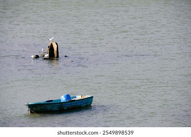 Green wooden boat floating on calm water. A small green wooden boat floats peacefully on calm waters, with sunlight highlighting its aged surface and serene surroundings. - Powered by Shutterstock