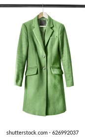 Green Wool Coat On Wooden Clothes Rack Isolated Over White