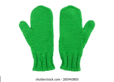 Green Wool Mittens On White Isolated