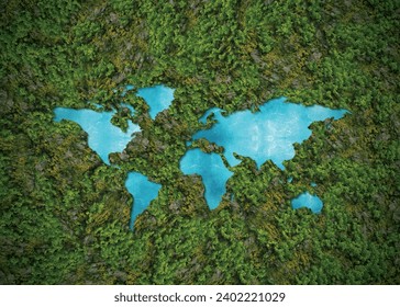 Green World Map- 3D tree or forest shape of world map isolated on white background. World Map Green Planet Earth Day or Environment day Concept. Green earth with electric car. Paris agreement concept.