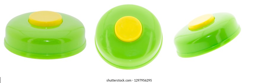 Green And Yellow Game Buzzer From Three Different Perspectives Isolated On White